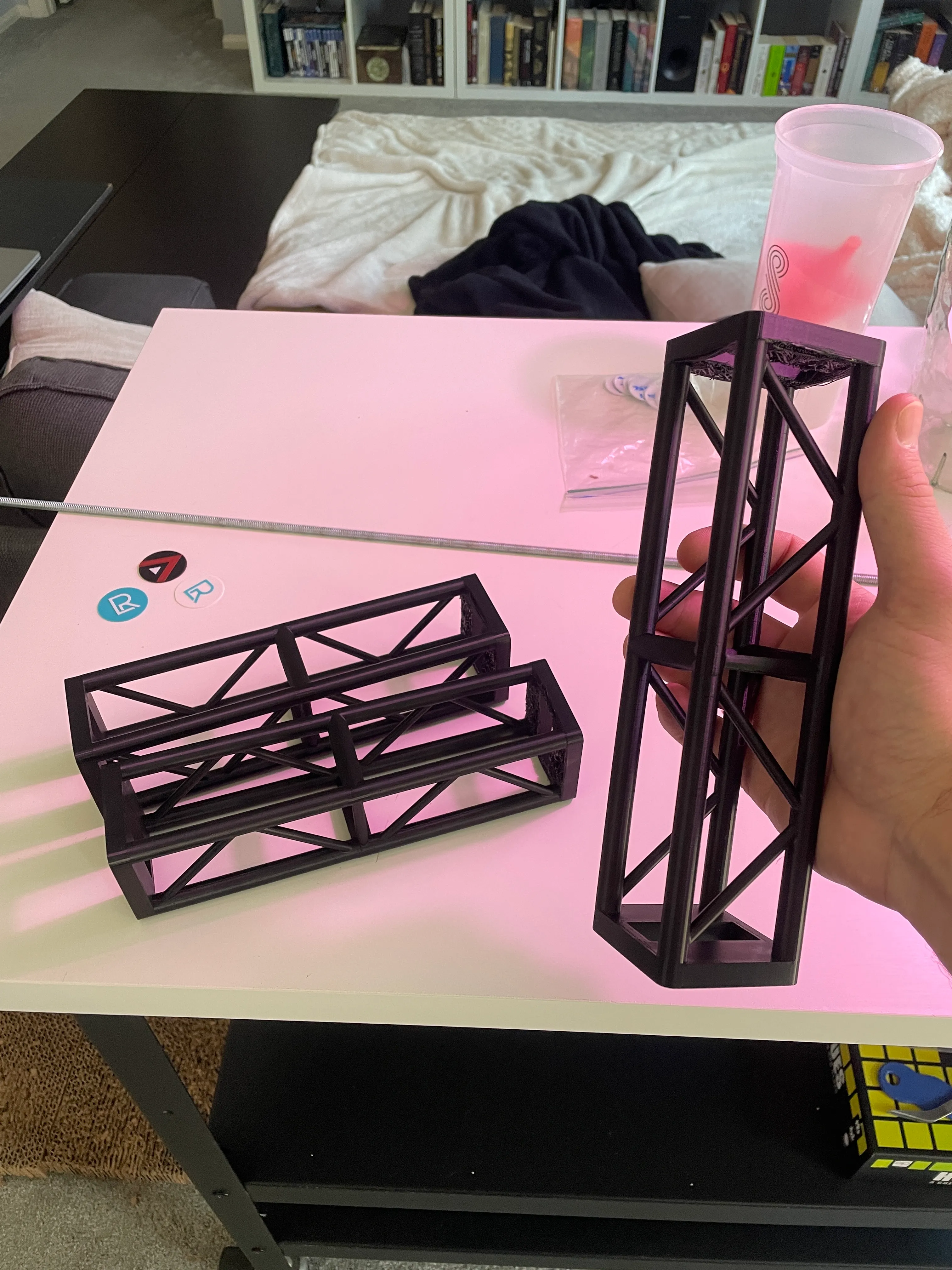 3D-printed truss sections with modular corner blocks and internal triangulation — Pixonics Fab structural print system