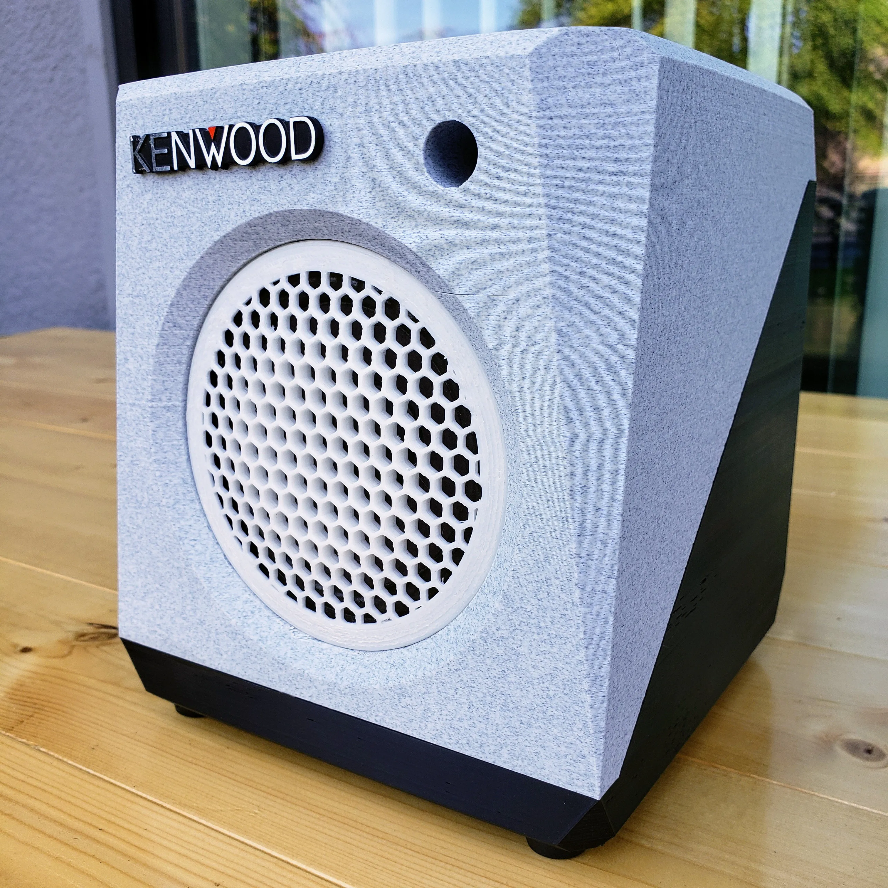 3D-printed marble-filament speaker enclosures repurposing salvaged audio drivers